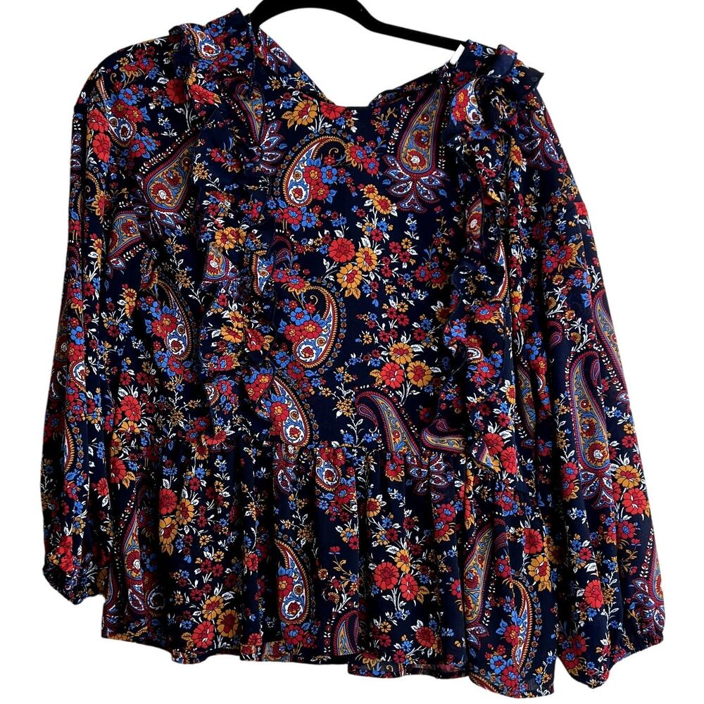 H&M Blouse Top Women Size 4 Multicolor Paisley Peplum Flared Cottagecore Prairie